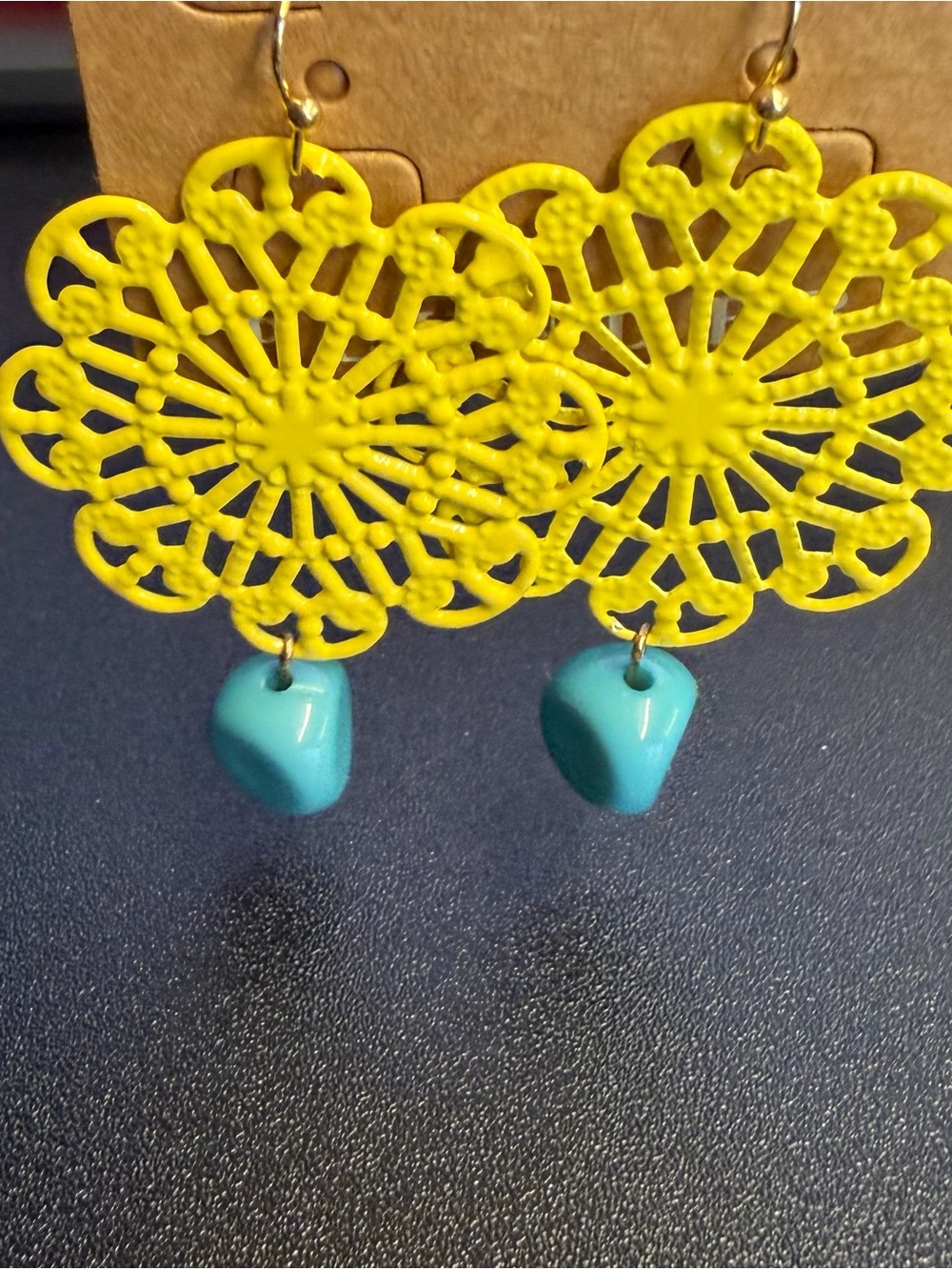 Plunder Lemon Filigree Metal Drop Earrings with Turquoise color Bead NWT